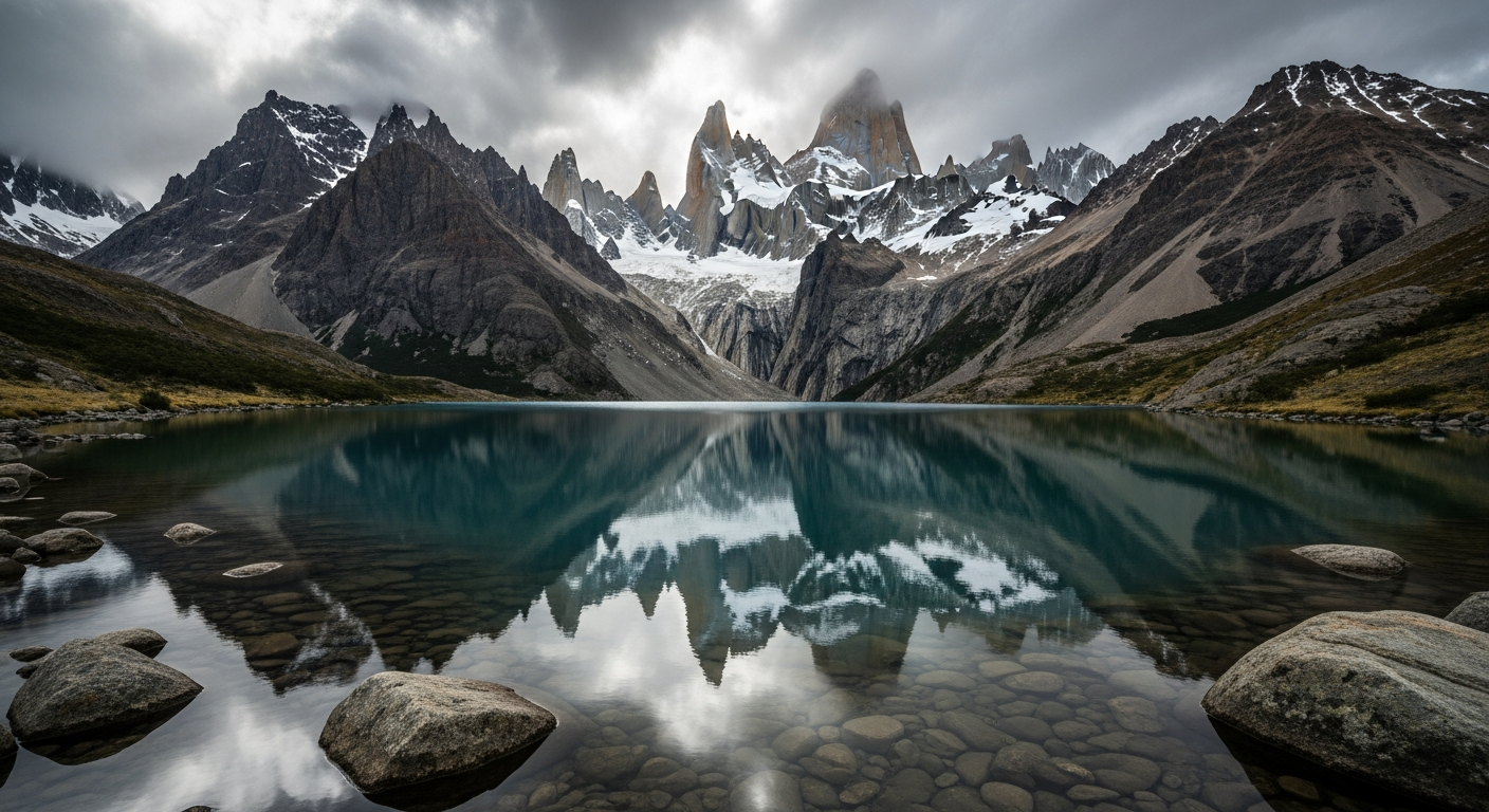 Torres del Paine granite spires reflected in a glacial lake at sunrise, Patagonia